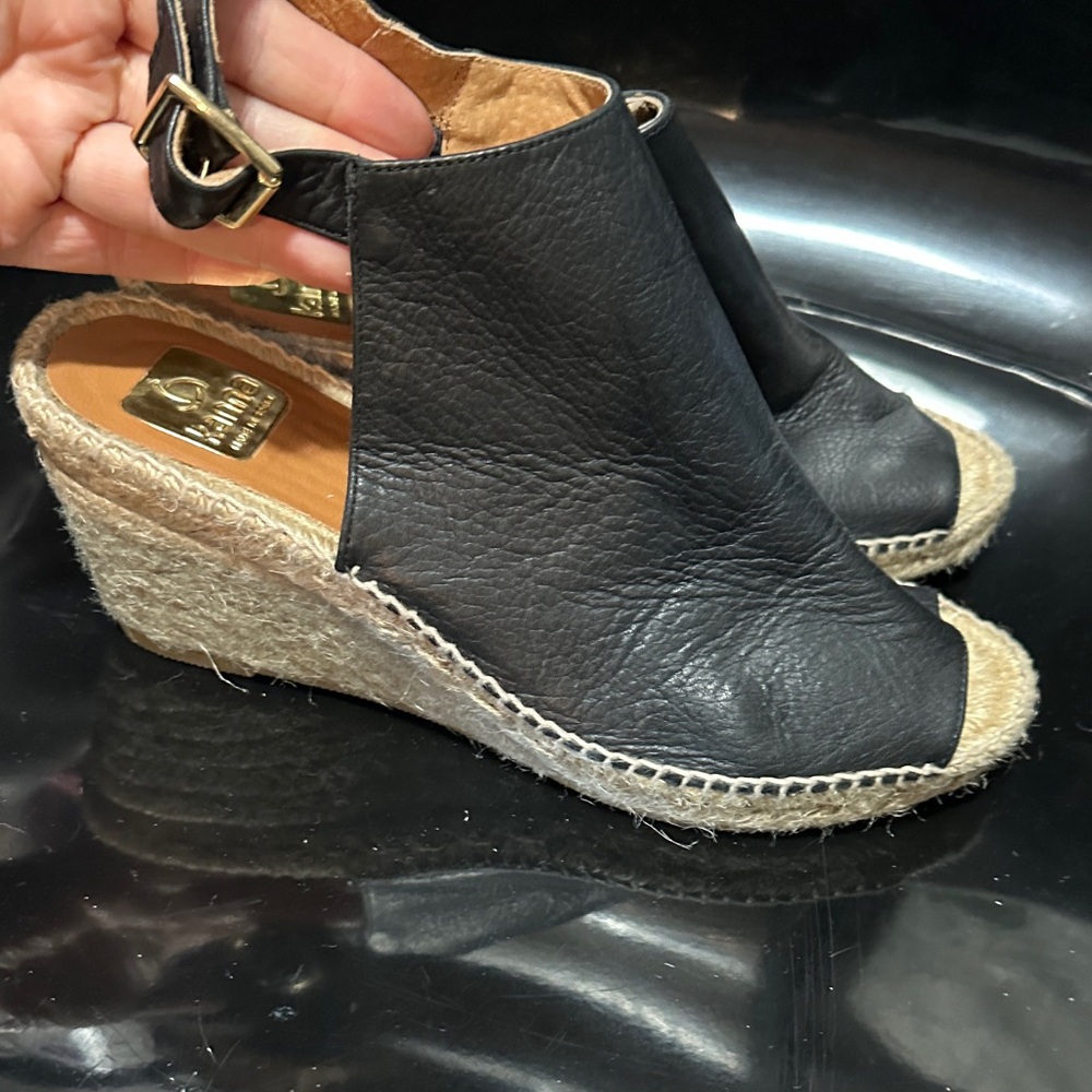 Kanna Black Leather Espadrille Wedges